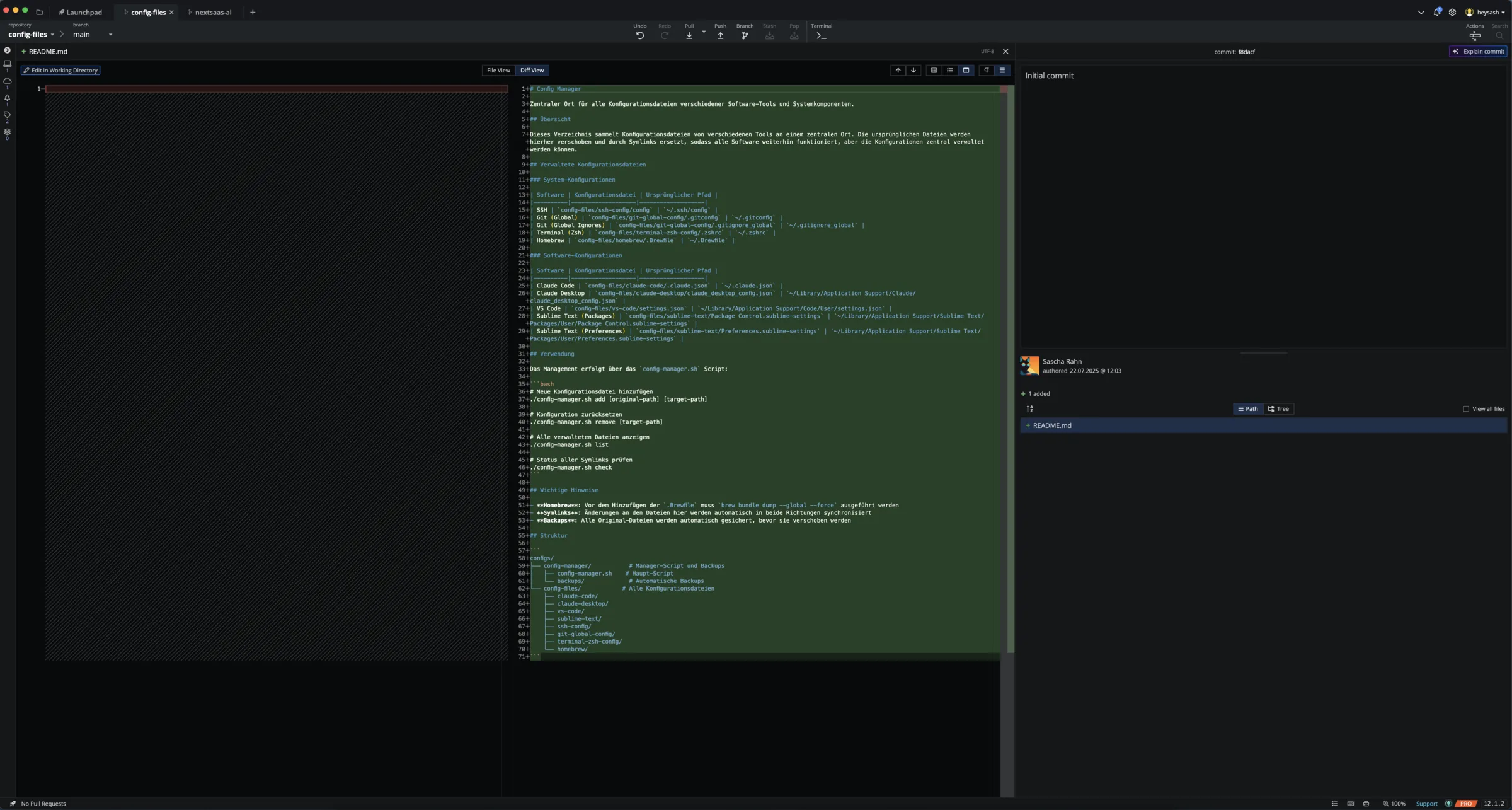 Configs-Repo README im GitKraken Diff-View — Tabelle aller versionierten Configs mit Pfaden