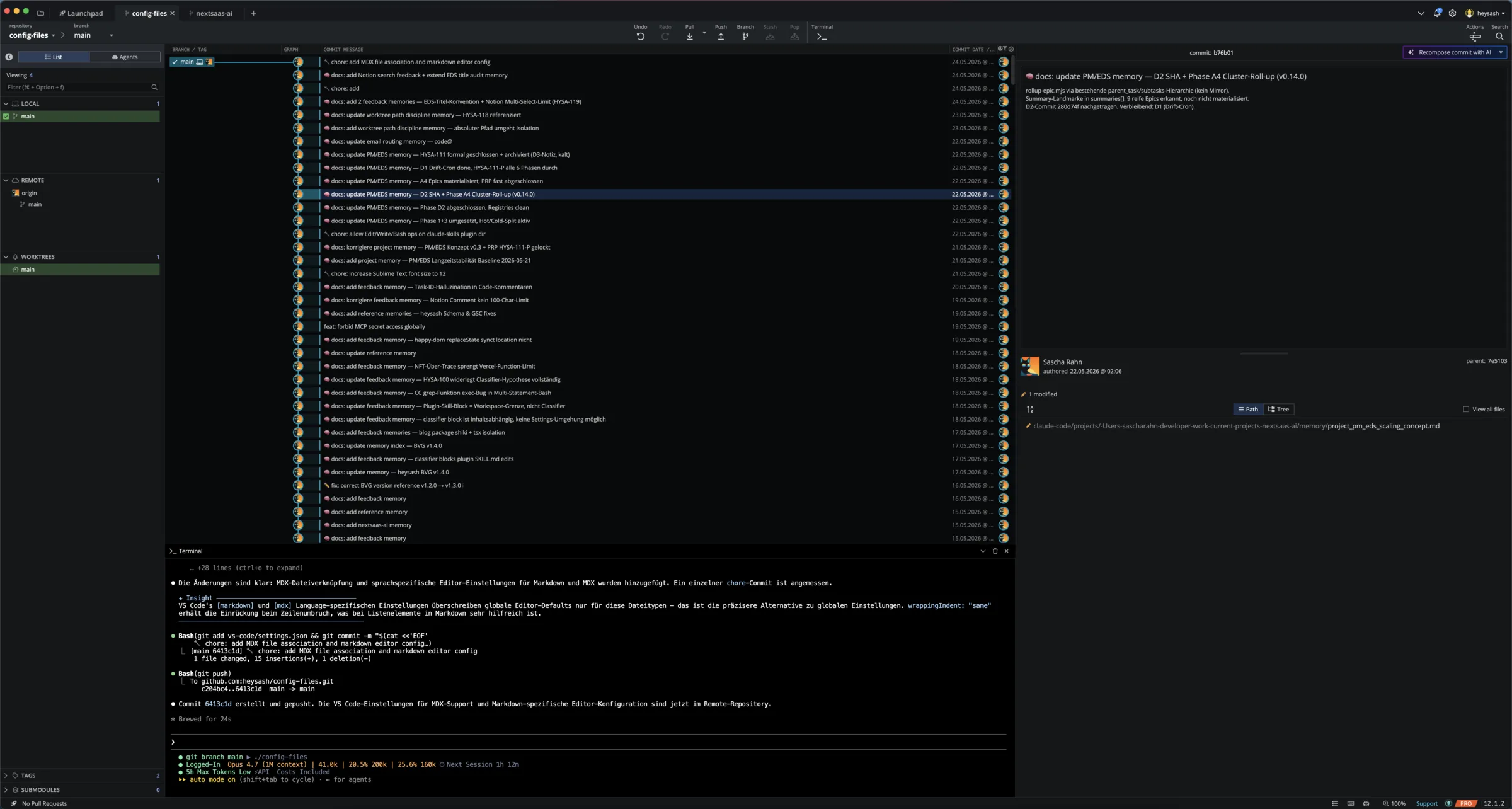 GitKraken Commit-Graph des Configs-Repos — Memory-Updates, Worktree-Discipline, MCP-Secret-Policy, BVG-Versionen