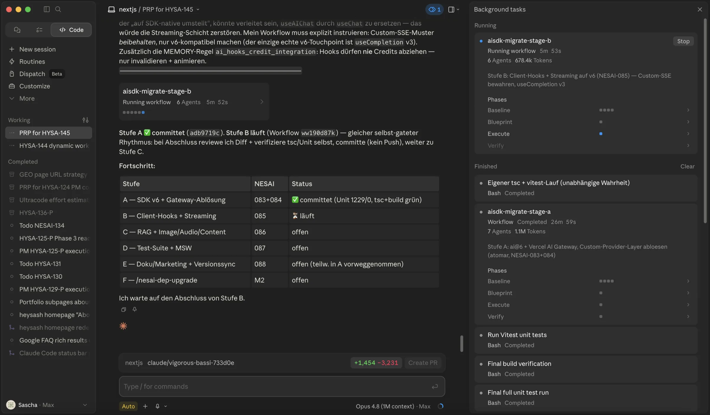 Screenshot aus meiner Claude-Code-Session mit laufendem Mehr-Stufen-Workflow: Opus 4.8 arbeitet eine Code-Migration in sechs Stufen selbstständig ab, mit Status-Tabelle und Hintergrund-Tasks